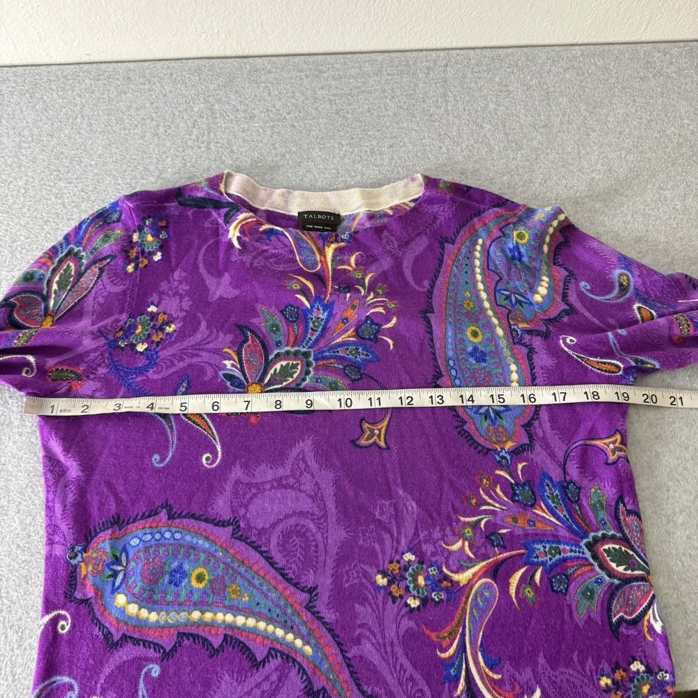 Talbots Merino Wool Purple Paisley Long Sleeve Spring Sweater Womens Medium - Picture 7 of 10